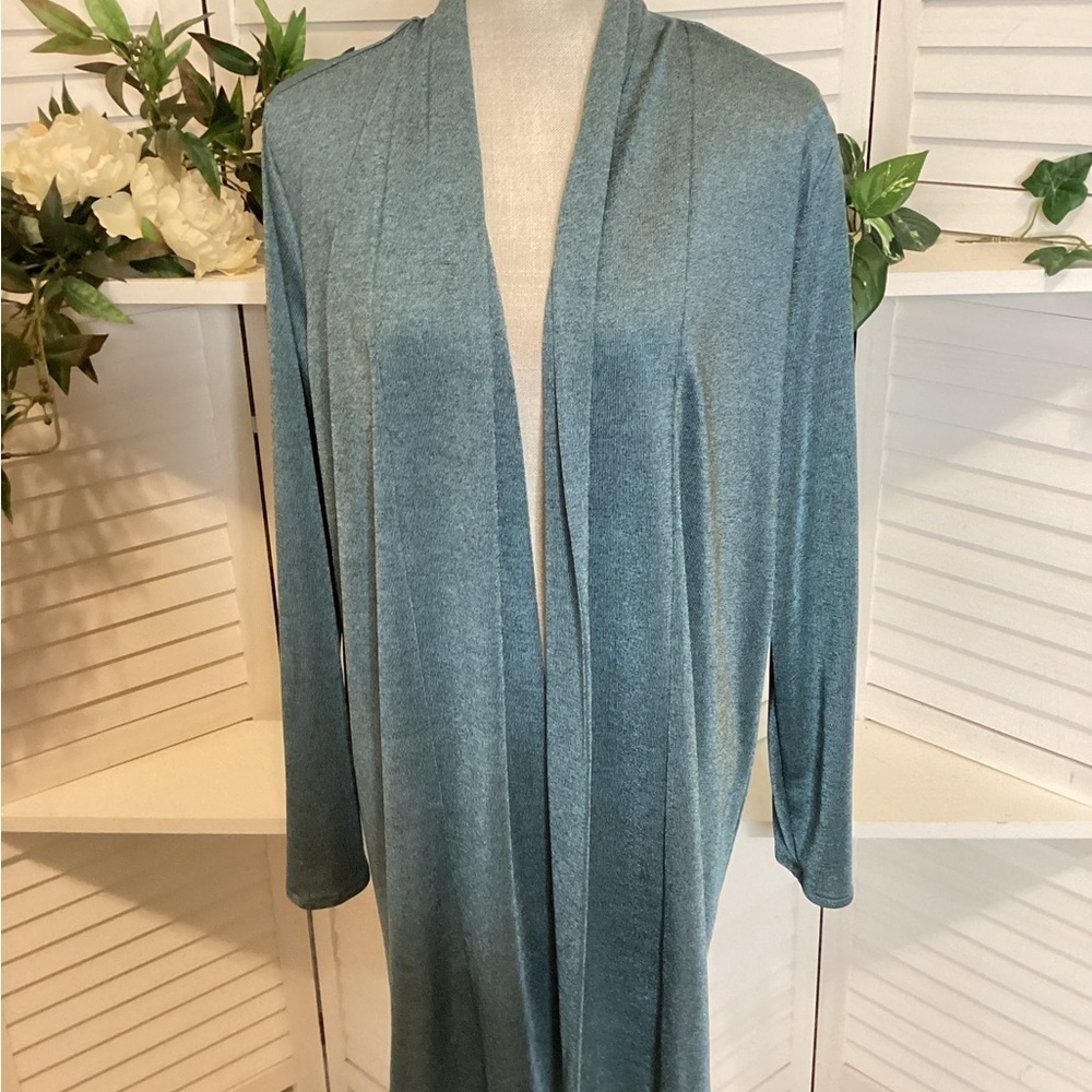 JOAN VOSS Sage Open-Front Duster Cardigan with Shawl Collar LG